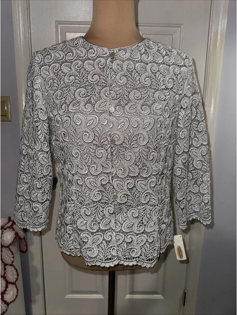 Talbots Jacket Womens 4 Silver Metallic Lace Scalloped Hem Dressy Evening NWT